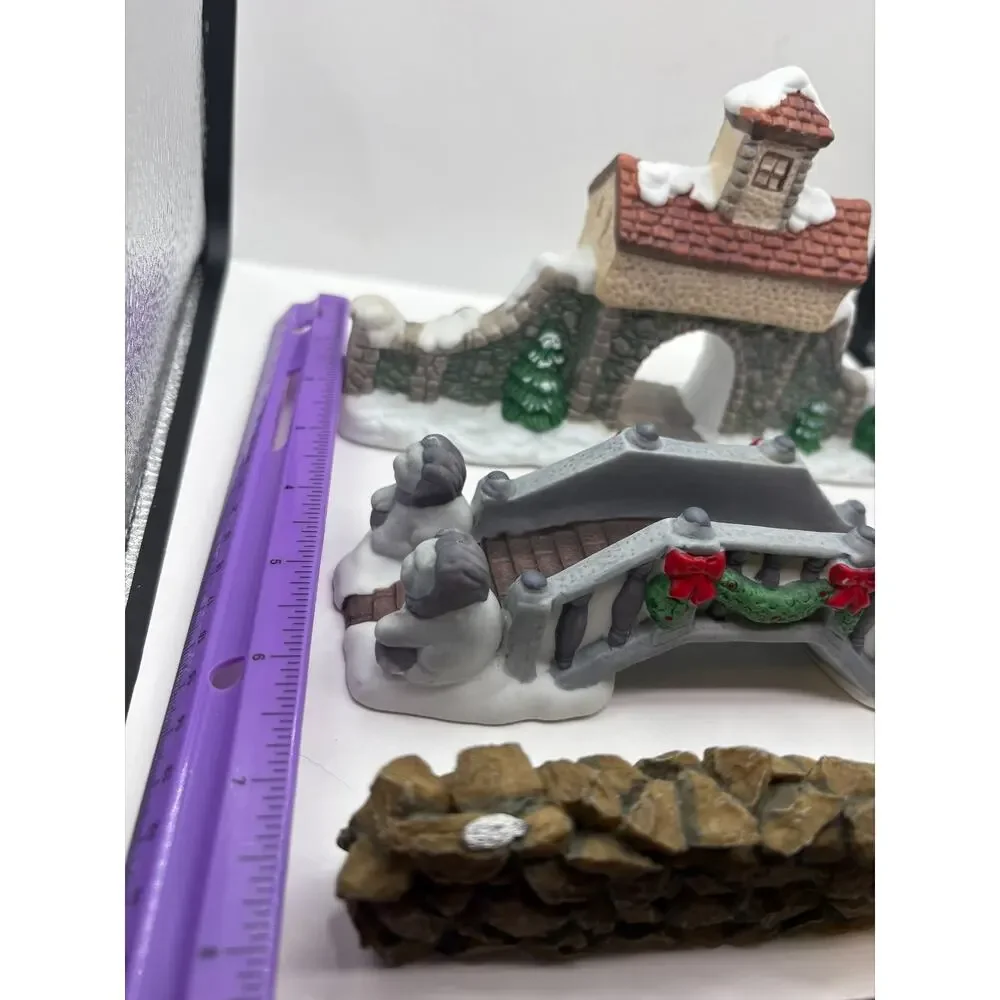 Lot of 3 Christmas Village Porcelain & Resin Clock Tower Gate, Bridge, Rock Wall